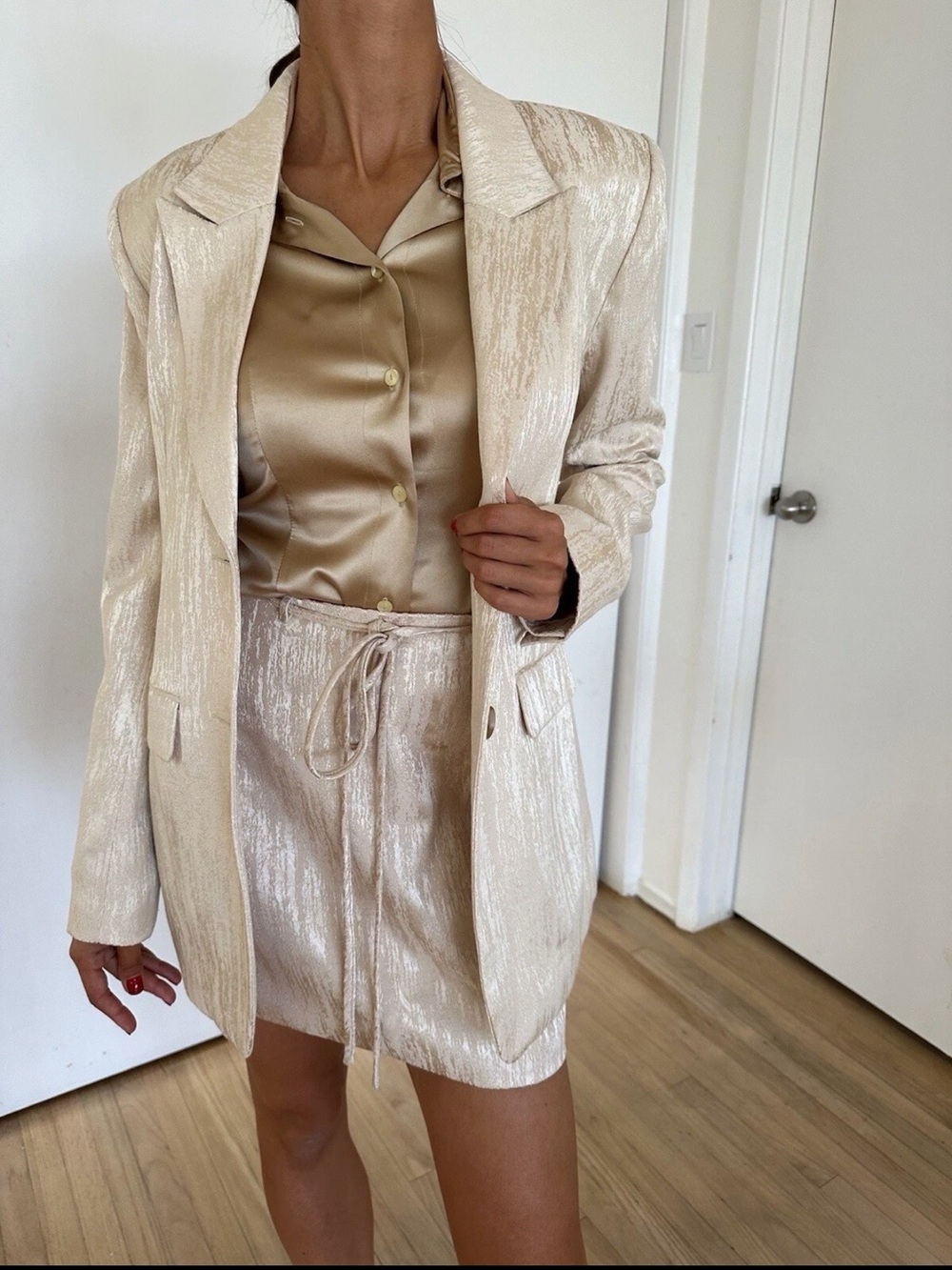 NAKD & Molly Rusters mini skirt blazer set EU 36 shimmery shiny beige gold